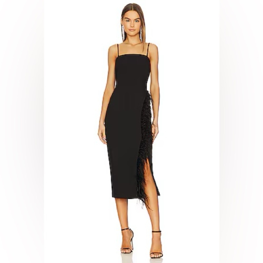 Likely Black Imani Midi Dress Feather‎ Hem Leg Slit Removable Straps, Size 6